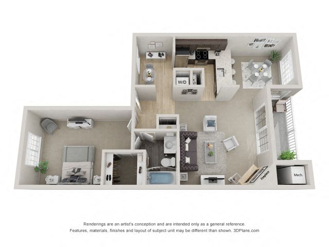 Floor plan for 1 bed, 1 bath, 775 sqft